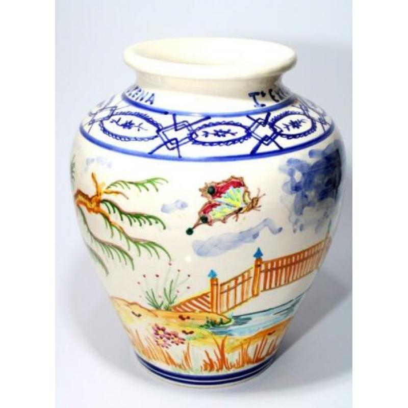 Prachtige Grote Spaanse Majolica Chinoiserie Vaas Pagode