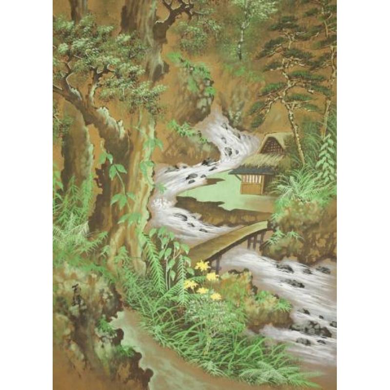 Japanse handgeschilderde compositie "Rivier landschap"