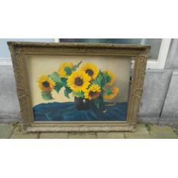 Schilderij in oude lijst. Zonnebloemen