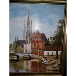 schilderij op doek met handtekening, stadsgezicht; 45x65