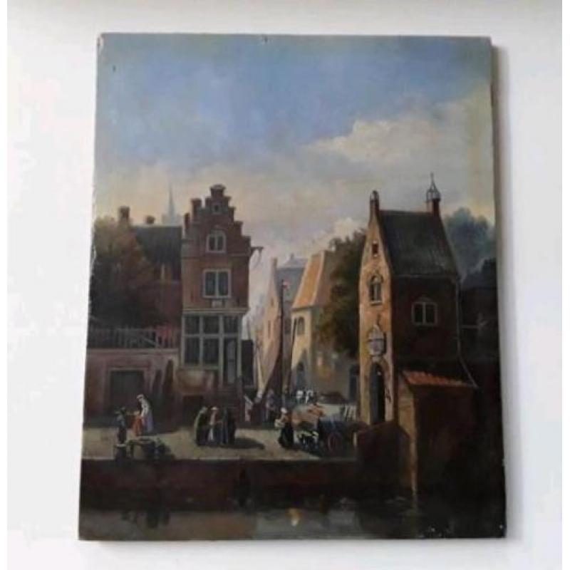 Hollandse School 18e eeuws olieverf paneel stadsgezicht