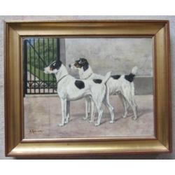 =gesigneerd GREINER === twee honden houden wacht==ca 1900==