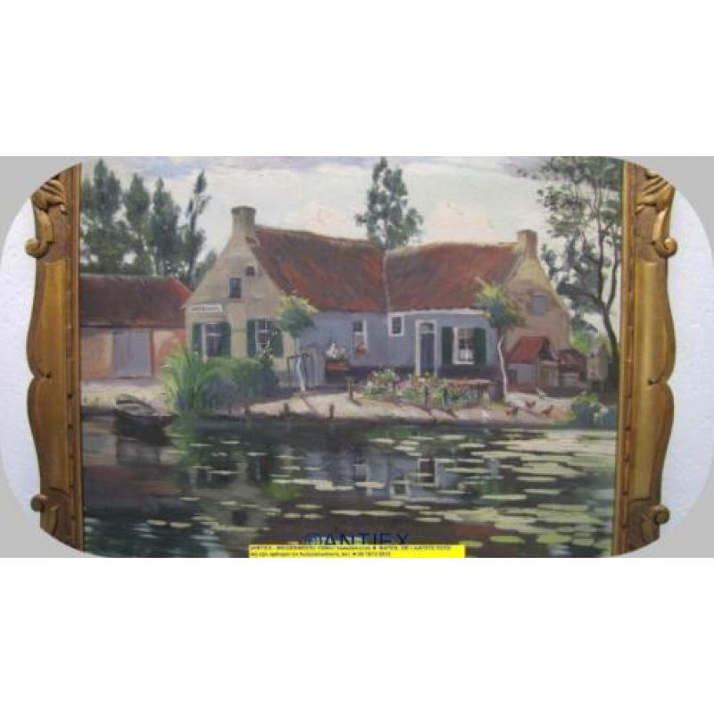 9711 - schilderij doek veerhuis aan water gesigneerd - €45