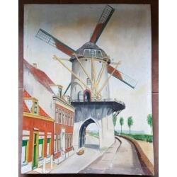 Olieverf Wijk bij Duurstede molen Rijn en Lek E. R. Rikkers