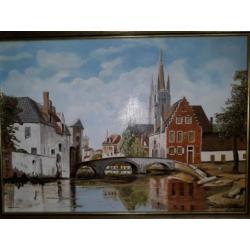 schilderij op doek met handtekening, stadsgezicht; 45x65