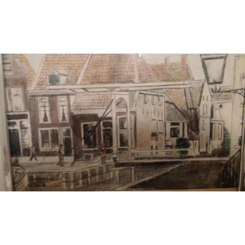 Mooie houtskool tekening van ophaal brug en dorpsgezicht.